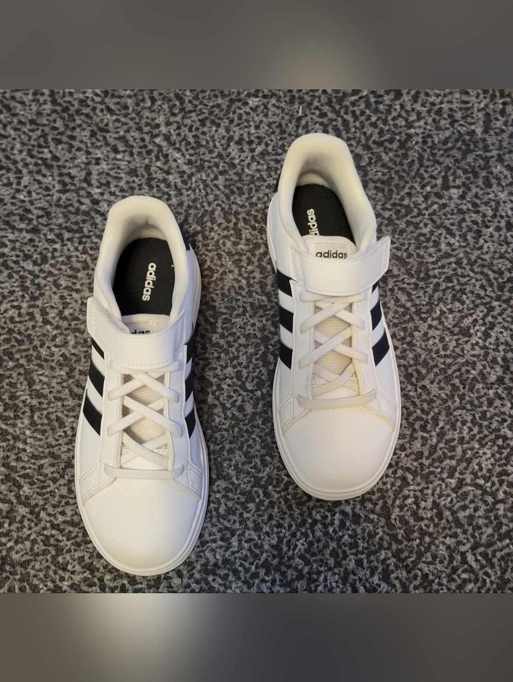 Big Kids Sz 4 Adidas White Sneakers with Black Three Stripes